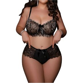 Makemechic Women's Plus Size 2 قطعة الملابس الداخلية الغريبة مجموعة من الدانتيل الدانتيل المسمار صدرية مطابقة