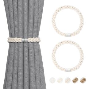 NICEEC 2 Pack Natural Cotton Rope Curtain Tiebacks Elegant Boho Style Magnetic Drape Tie Backs Soft Hand-Woven Rope Curtain Holdbacks for Home & Office Drapery (Cotton rope-01)
