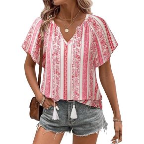 Unixseque Summer Tops للنساء غير الرسمي بوهو بلوزات قصيرة الأكمام ضد قمصان الرقبة