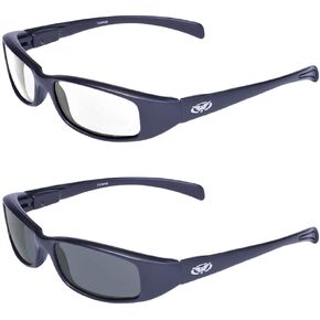 Global Vision 2 Pair New Attitude Black Sport Motorcycle Riding Sunglasses 1 with Clear Lens and 1 with Smoke Lens