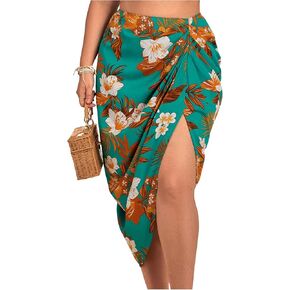 Floerns Women's Plus Size Tropical Ruched Slit Skirt High Weist Beach Midi Virts
