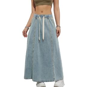 SEMATOMALA Women's Paperbag Elastic High Waist A Line Jean Long Dress Swing Flare Maxi Denim Skirts