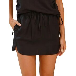 IDEALSANXUN Womens Linen Skirts Spring Summer Elastic Waist Beach Cute Mini Skirt with Drawstring