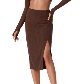 Vrtige Women's High Waist Stretchy Slit Slit Hem Ribbed Knit Bodycon Pencil Midi Skirt