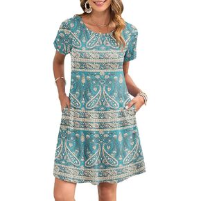 AUSELILY Women's Summer Casual Dresses 2025 Short Sleeve Swing Beach Floral T-Shirt Dress with Pockets