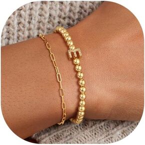 Gold Initial Bracelets for Women, Dainty 14K Gold Plated Beaded Bracelets Stack CZ Letter Charm Bracelet Set No Tarnish Paperclip Link Chain Bracelet Trendy Simple Jewelry for Women in Kuwait