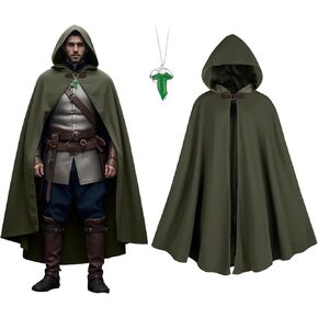 Cloak with Hood Men，Medieval Costume Men Round Metal Buckle Cloak with Green Leaf Brooch Necklace for Halloween
