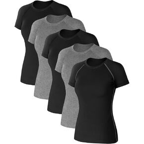Coume 5 Pack Women's Compression Shirts Short Sleeve Workout Tops Dry Fit Crew Neck Athletic T Shirts Yoga Running Tight Tee