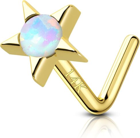 COCHARM 14K Real Gold Star Nose Stud 20g Yellow Gold Bone L Bend Nostril Nose Stud 7mm Long Opal Nose Piercing 14kt Real Gold Nose Stud Ring Hypoallergenic Press Fit Nose Jewelry in Saudi Arabia