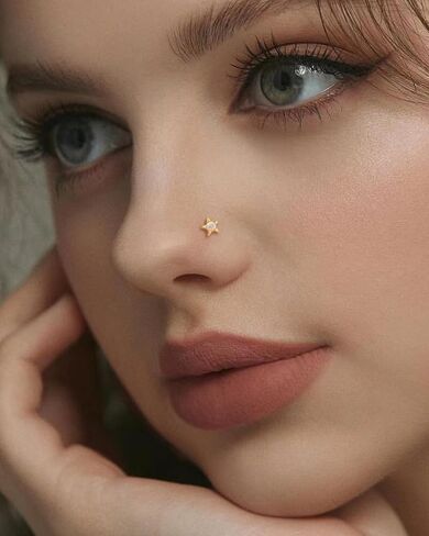 COCHARM 14K Real Gold Star Nose Stud 20g Yellow Gold Bone L Bend Nostril Nose Stud 7mm Long Opal Nose Piercing 14kt Real Gold Nose Stud Ring Hypoallergenic Press Fit Nose Jewelry in Saudi Arabia
