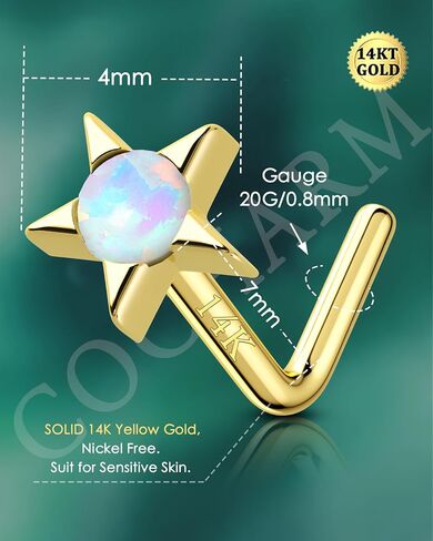 COCHARM 14K Real Gold Star Nose Stud 20g Yellow Gold Bone L Bend Nostril Nose Stud 7mm Long Opal Nose Piercing 14kt Real Gold Nose Stud Ring Hypoallergenic Press Fit Nose Jewelry in Saudi Arabia