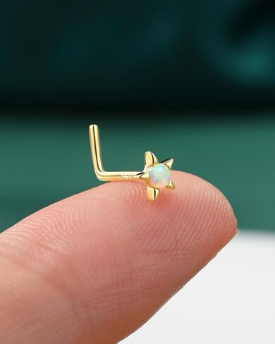 COCHARM 14K Real Gold Star Nose Stud 20g Yellow Gold Bone L Bend Nostril Nose Stud 7mm Long Opal Nose Piercing 14kt Real Gold Nose Stud Ring Hypoallergenic Press Fit Nose Jewelry in Saudi Arabia
