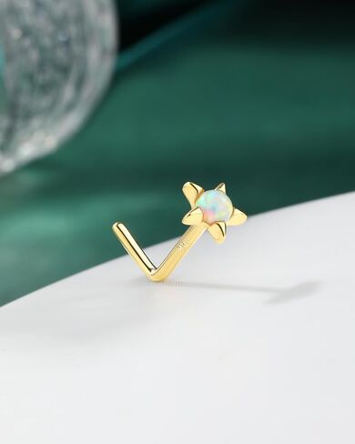 COCHARM 14K Real Gold Star Nose Stud 20g Yellow Gold Bone L Bend Nostril Nose Stud 7mm Long Opal Nose Piercing 14kt Real Gold Nose Stud Ring Hypoallergenic Press Fit Nose Jewelry in Saudi Arabia