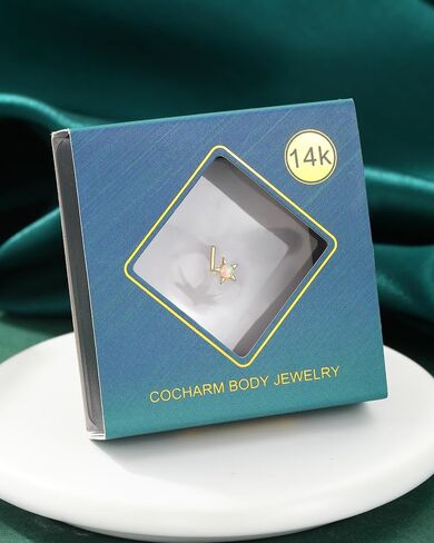 COCHARM 14K Real Gold Star Nose Stud 20g Yellow Gold Bone L Bend Nostril Nose Stud 7mm Long Opal Nose Piercing 14kt Real Gold Nose Stud Ring Hypoallergenic Press Fit Nose Jewelry in Saudi Arabia