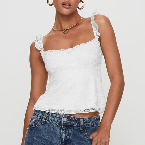 Women Y2k Lace Trim Tank Tops Teen Girl Fairycore Sleeveless Solid Going Out Streetwear Summer Crop Camisole in Saudi Arabia