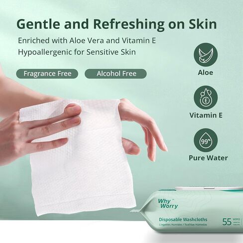 Wet Wipes for Adults, 8"x12" Extra Large Body Cleansing Wipes for Elderly & Incontinence, Extra Thick Adult Washcloths Disposable with Aloe & Vitamin E, Unscented, 55 Count in Saudi Arabia