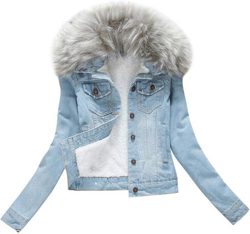 ACE SHOCK Denim Jacket for Women Lined Faux Fleece, Short Winter Jeans Coat with Detachable Faux-fur Collar in Kuwait