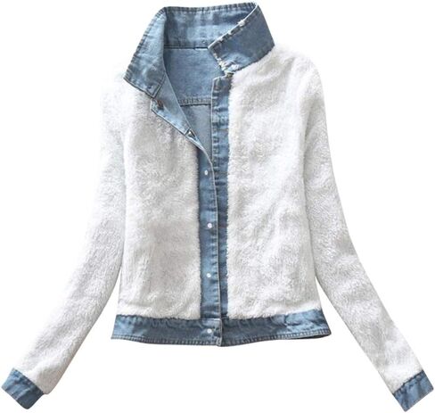 ACE SHOCK Denim Jacket for Women Lined Faux Fleece, Short Winter Jeans Coat with Detachable Faux-fur Collar in Kuwait