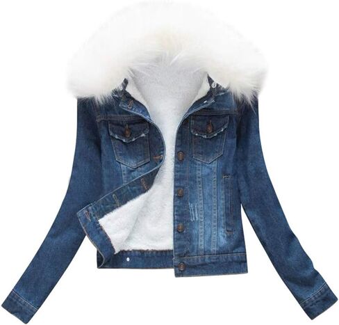 ACE SHOCK Denim Jacket for Women Lined Faux Fleece, Short Winter Jeans Coat with Detachable Faux-fur Collar in Kuwait