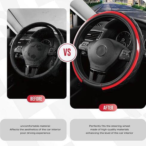 Road Comforts Leather Steering Wheel Cover – Black & Red Universal Fit 14.5-15 Inch, Microfiber Leather, Anti-Slip & Breathable Design for Men and Women in Saudi Arabia