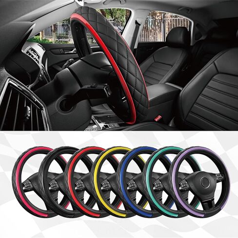 Road Comforts Leather Steering Wheel Cover – Black & Red Universal Fit 14.5-15 Inch, Microfiber Leather, Anti-Slip & Breathable Design for Men and Women in Saudi Arabia