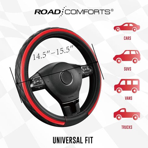 Road Comforts Leather Steering Wheel Cover – Black & Red Universal Fit 14.5-15 Inch, Microfiber Leather, Anti-Slip & Breathable Design for Men and Women in Saudi Arabia