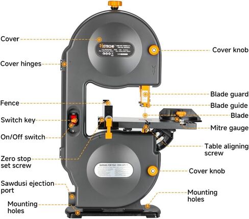 Hoteche 8-Inch Band Saw 2.0A Low Noise Two Cutting Height Table Benchtop with Fence and Miter Gauge for Woodworking, DIY Projects and Precision Cutting, Tilting Range 0-45° in Kuwait