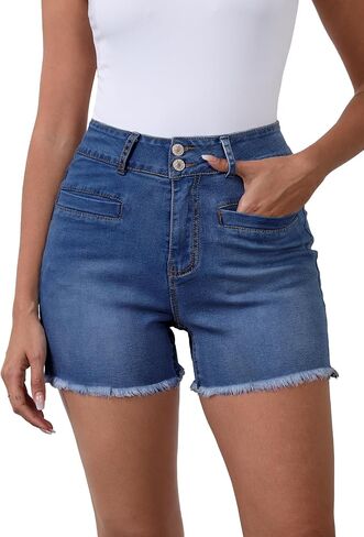 Women's High Waist Brushed Hem Denim Shorts Stretch Jean Shorts with Pockets for Women in Saudi Arabia