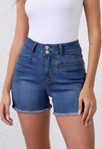 Women's High Waist Brushed Hem Denim Shorts Stretch Jean Shorts with Pockets for Women in Saudi Arabia