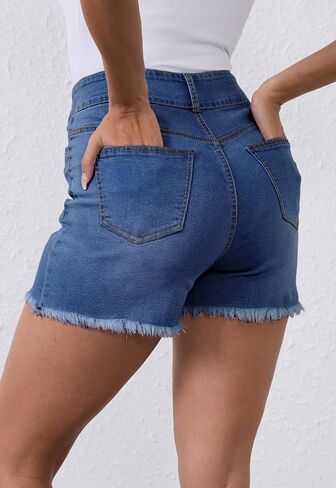Women's High Waist Brushed Hem Denim Shorts Stretch Jean Shorts with Pockets for Women in Saudi Arabia