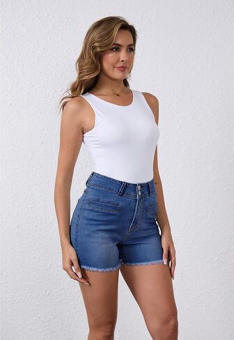 Women's High Waist Brushed Hem Denim Shorts Stretch Jean Shorts with Pockets for Women in Saudi Arabia