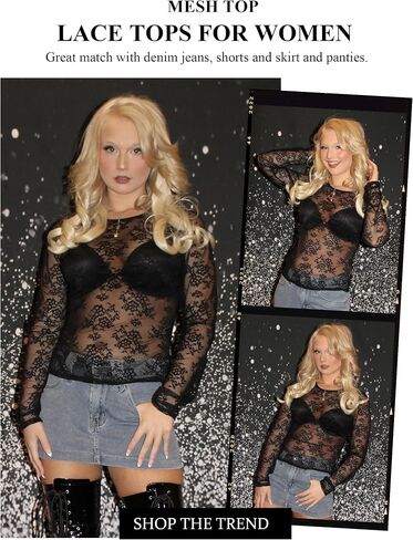 Avidlove Lace Mesh Top for Women Long Sleeve Crew Neck Sheer Blouse See Through Floral Lace Tops in Kuwait