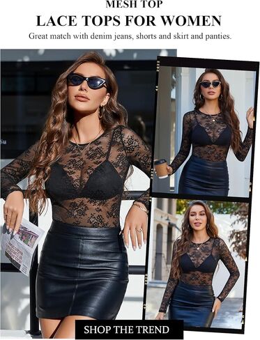 Avidlove Lace Mesh Top for Women Long Sleeve Crew Neck Sheer Blouse See Through Floral Lace Tops in Kuwait