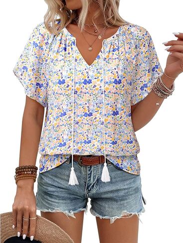 Unixseque Summer Tops للنساء غير الرسمي بوهو بلوزات قصيرة الأكمام ضد قمصان الرقبة in Kuwait