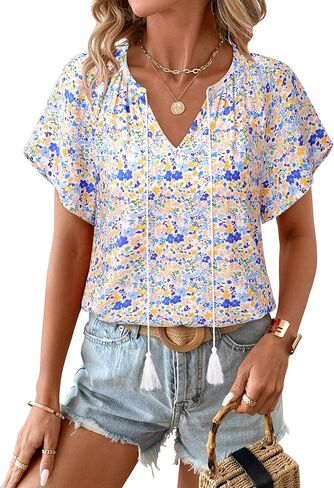 Unixseque Summer Tops للنساء غير الرسمي بوهو بلوزات قصيرة الأكمام ضد قمصان الرقبة in Kuwait