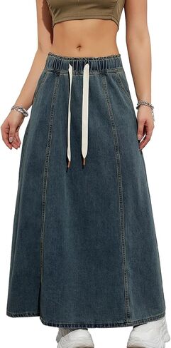 SEMATOMALA Women's Paperbag Elastic High Waist A Line Jean Long Dress Swing Flare Maxi Denim Skirts in Saudi Arabia