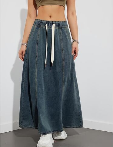 SEMATOMALA Women's Paperbag Elastic High Waist A Line Jean Long Dress Swing Flare Maxi Denim Skirts in Saudi Arabia