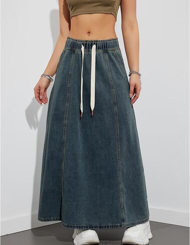 SEMATOMALA Women's Paperbag Elastic High Waist A Line Jean Long Dress Swing Flare Maxi Denim Skirts in Saudi Arabia