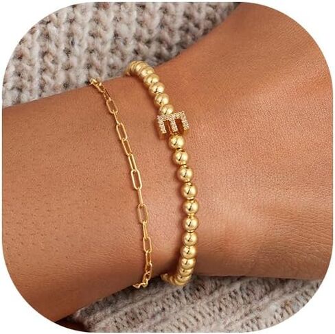 Gold Initial Bracelets for Women, Dainty 14K Gold Plated Beaded Bracelets Stack CZ Letter Charm Bracelet Set No Tarnish Paperclip Link Chain Bracelet Trendy Simple Jewelry for Women in Kuwait