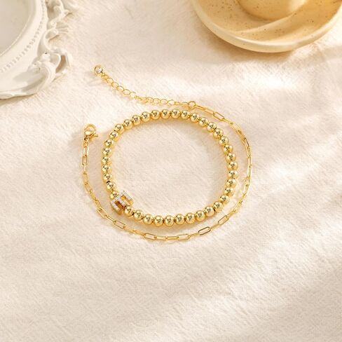 Gold Initial Bracelets for Women, Dainty 14K Gold Plated Beaded Bracelets Stack CZ Letter Charm Bracelet Set No Tarnish Paperclip Link Chain Bracelet Trendy Simple Jewelry for Women in Kuwait