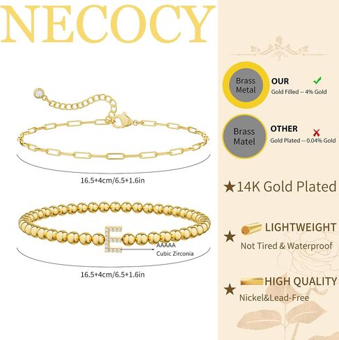 Gold Initial Bracelets for Women, Dainty 14K Gold Plated Beaded Bracelets Stack CZ Letter Charm Bracelet Set No Tarnish Paperclip Link Chain Bracelet Trendy Simple Jewelry for Women in Kuwait