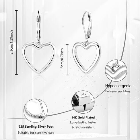 Sterling Silver Heart Earrings for Women 14K Gold Plated Openwork Love Heart Dangle Earrings Drop Hypoallergenic Leverback Huggie Hoop Earing for Women Trendy in Saudi Arabia