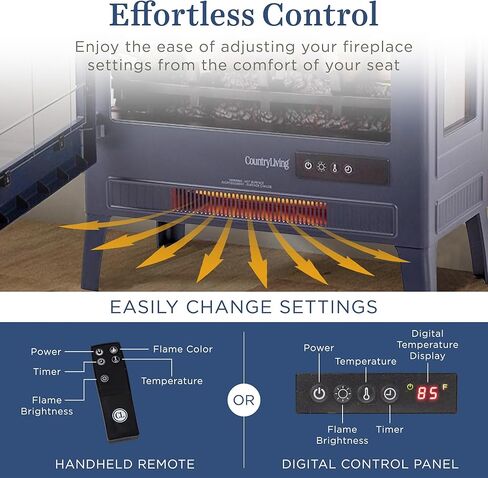 كونتري ليفينج مدفأة كهربائية قائمة بذاتها تعمل بالأشعة تحت الحمراء باللون الكريمي | يوفر حرارة إضافية للمنطقة مع جهاز تحكم عن بعد، وألوان لهب متعددة، وتصميم معدني مع جذوع خشبية صناعية in Kuwait
