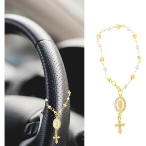 Steering Wheel Rosary Charm Accessory, Steering Wheel Accessory with Virgin Mary Charm and Crucifix, Interior Men Women Car Accessories, Catholic Rosary Hanging Pendant, Pearl Heart Chain