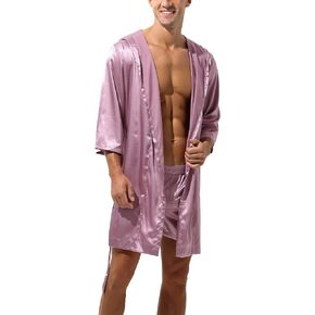 Panegy Mens' Pajama Shorts Set 2 Piece Satin Robe Sleepwear Silk Bathrobe with Shorts