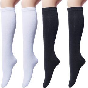 Senker Fashion Knee High Socks for Women ، White Long Tube Sock Black Stockings مخططة للتمهيد في الخارج الرياضة غير الرسمية