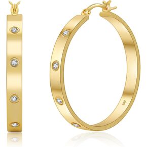 Sterling Silver Hoops Earrings for Women,5MM Wide Hypoallergenic Thick Silver Hoop Earrings with Cubic Zirconia, 925 Silver Plated Hoop Earrings non Tarnish for Sensitive Ears 30/40/50mm
