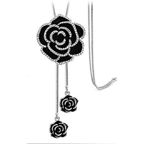 Vintage Black Enamel CZ Rose Flower Pendant Long Lariat Y Necklace for Women Crystal Fashion Statement Tassel Drop Elegant Sweater Adjustable Snake Chain Wedding Jewelry for Her 33''