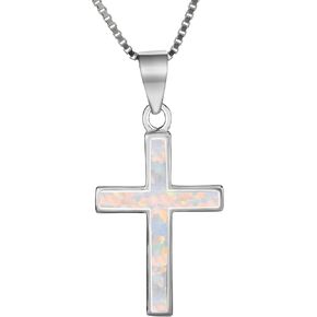 Aloha Jewelry Company Sterling Silver Opal Traditional Cross Necklace Pendant with 18" Box Chain, Nickel Free Hypoallergenic for Sensitive Skin, Gift Box Included