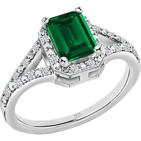 مجموعة رائعة من emerald مختبر Emerald Cut Lab الذي تم إنشاؤه Emerald & Round White Diamond Halo Halo خاتم الخطوبة للنساء في 925 Sterling Silver